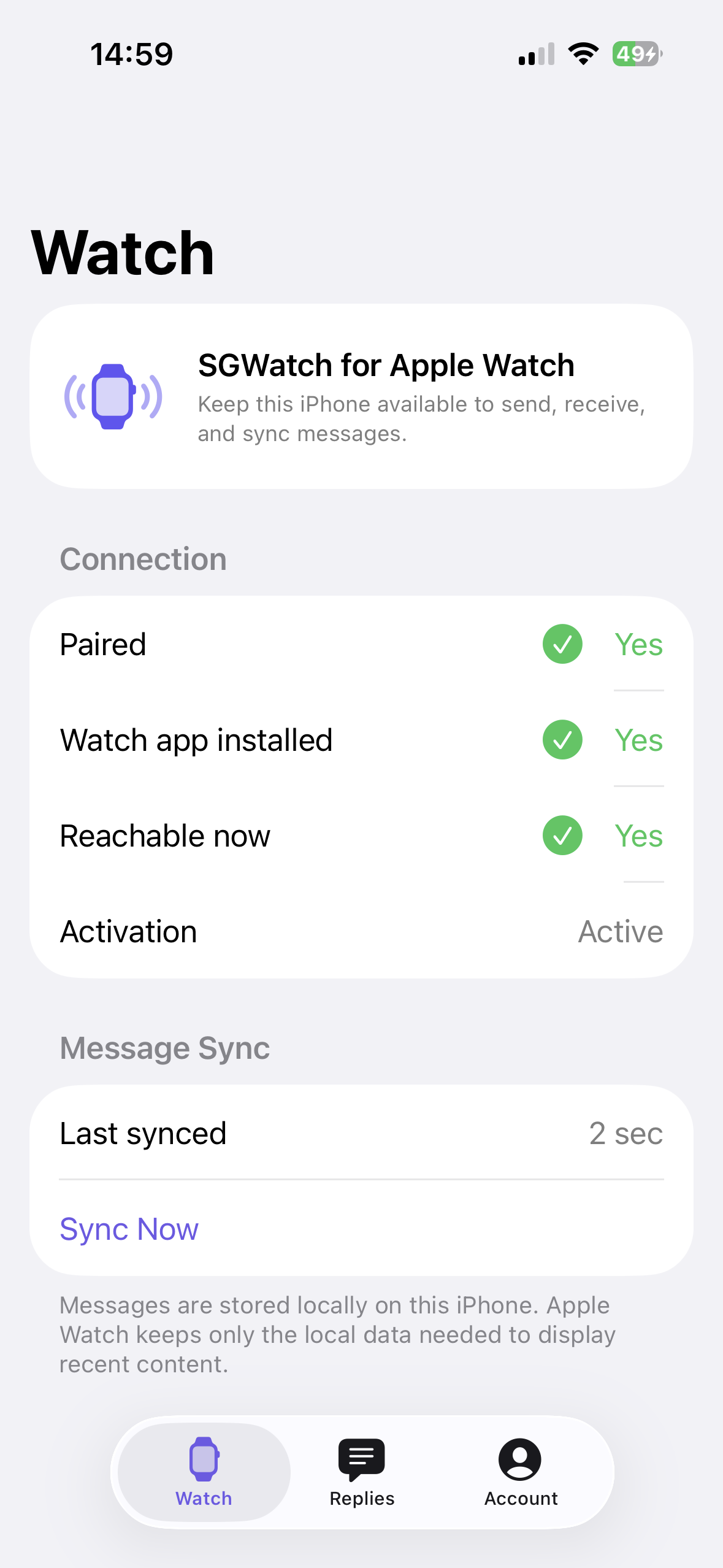 SGWatch encrypted local message synchronization